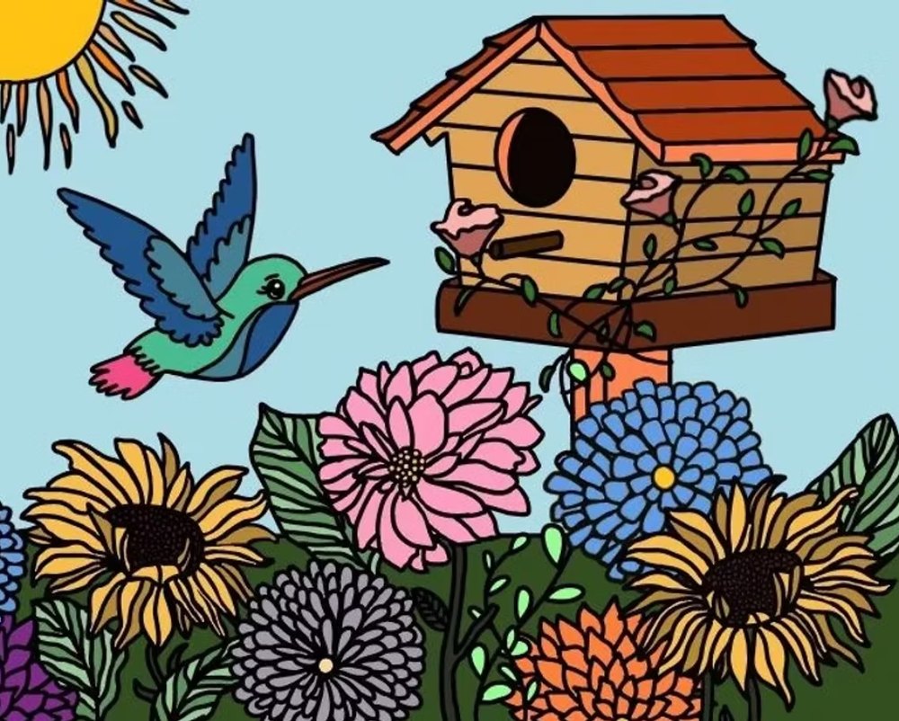 A hummingbird flying toward a birdhouse above colorful sunflowers and dahlias