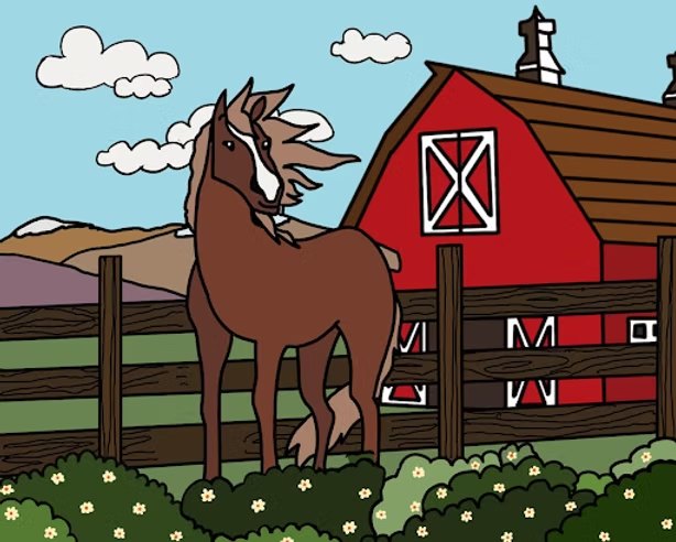 A brown horse standing in front of a red barn and wooden fence