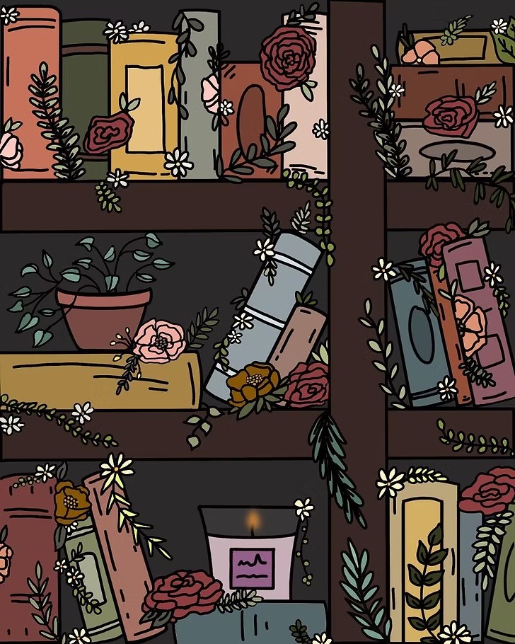 Bookshelves filled with books, flowers, a potted plant, and a lit candle