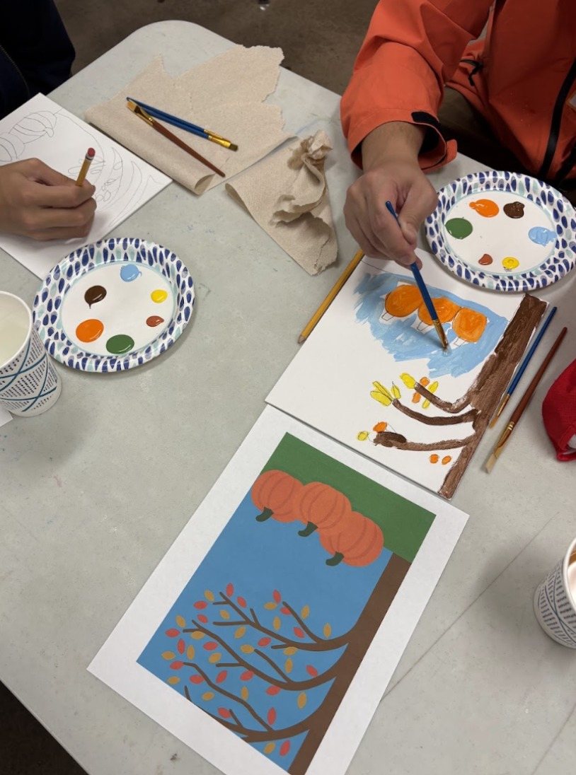 Painting in progress next to the autumn tree and pumpkins reference print