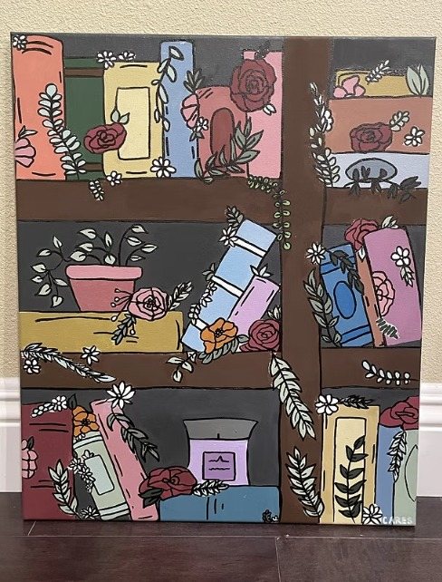 The finished painting "Wildest Dreams": colorful bookshelves with books, flowers, and candles